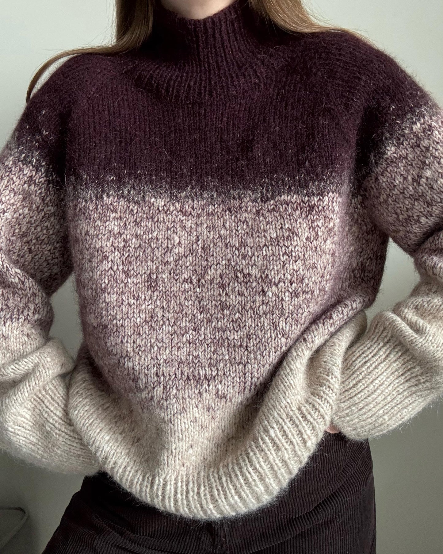 Knit guide for turtleneck sweater with color blending.