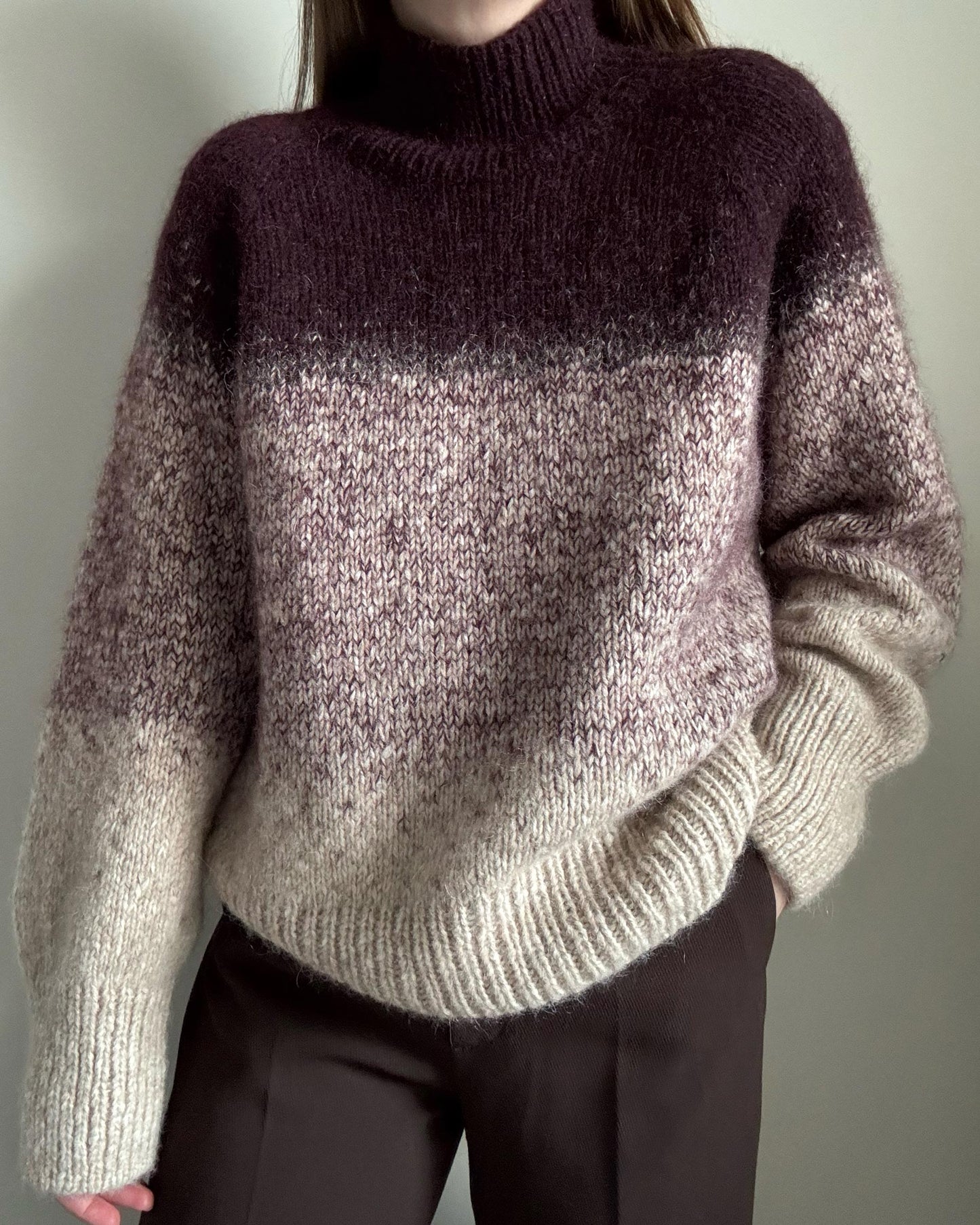 Calista sweater top down knitting with stockinette stitch.