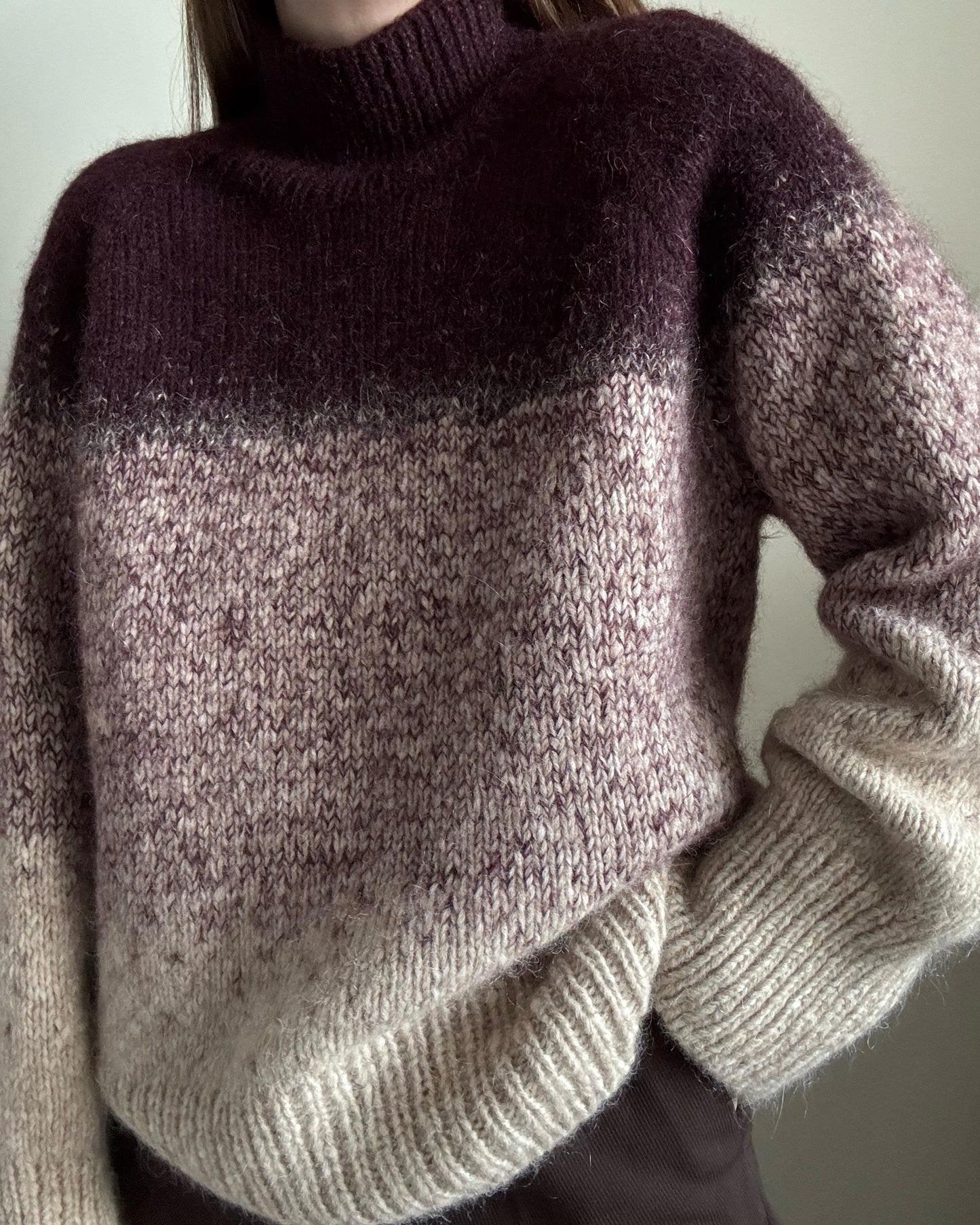 Calista sweater pattern with relaxed fit and ombré knitting.
