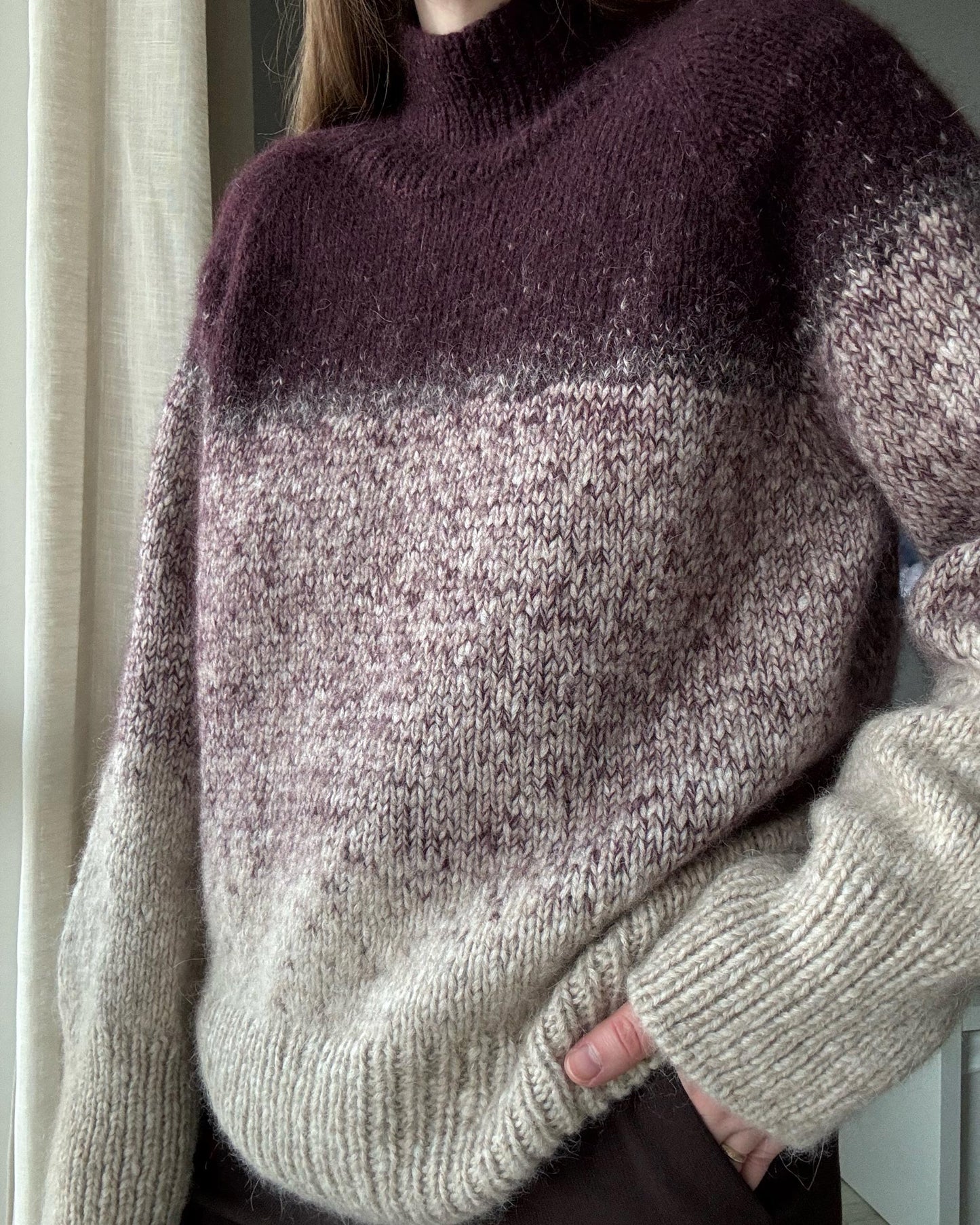 Gradient knitting pullover using alpaca and merino wool.