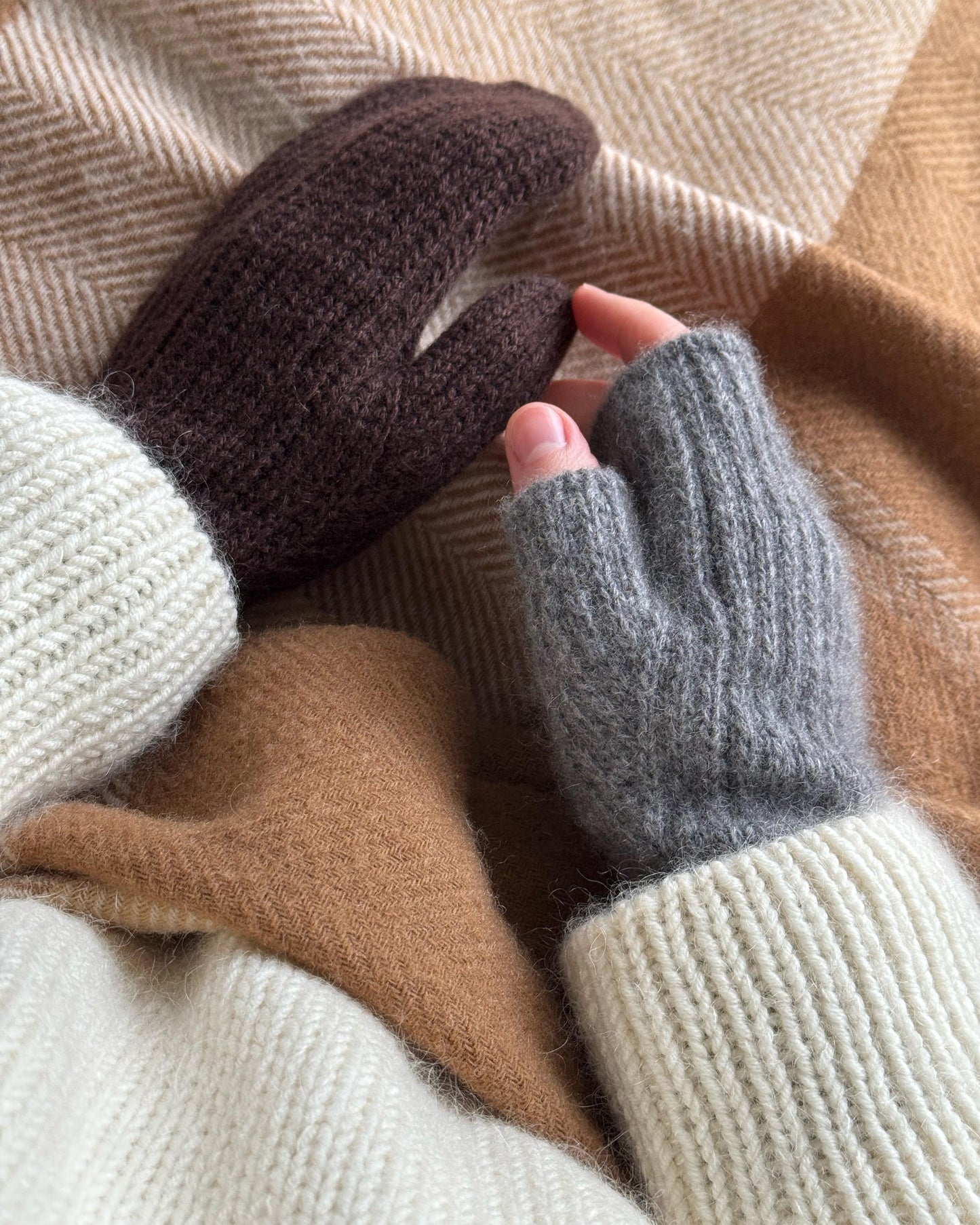 Fingerless gloves featuring elegant slip stitches in soft cashmere