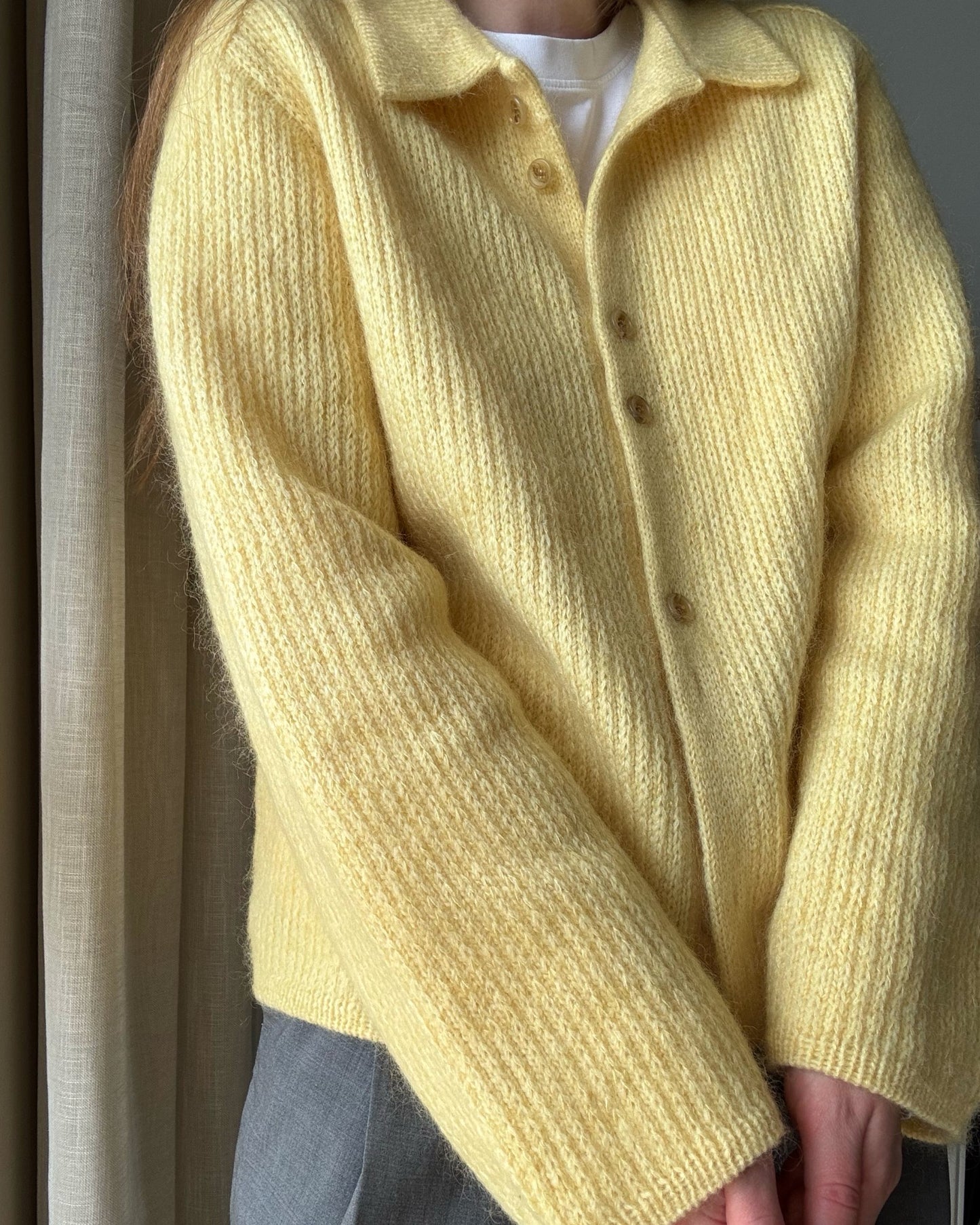 Chantal Collar Cardigan front view shows aesthetic soft fabric achieved with silk mohair blend and slip stitches.
