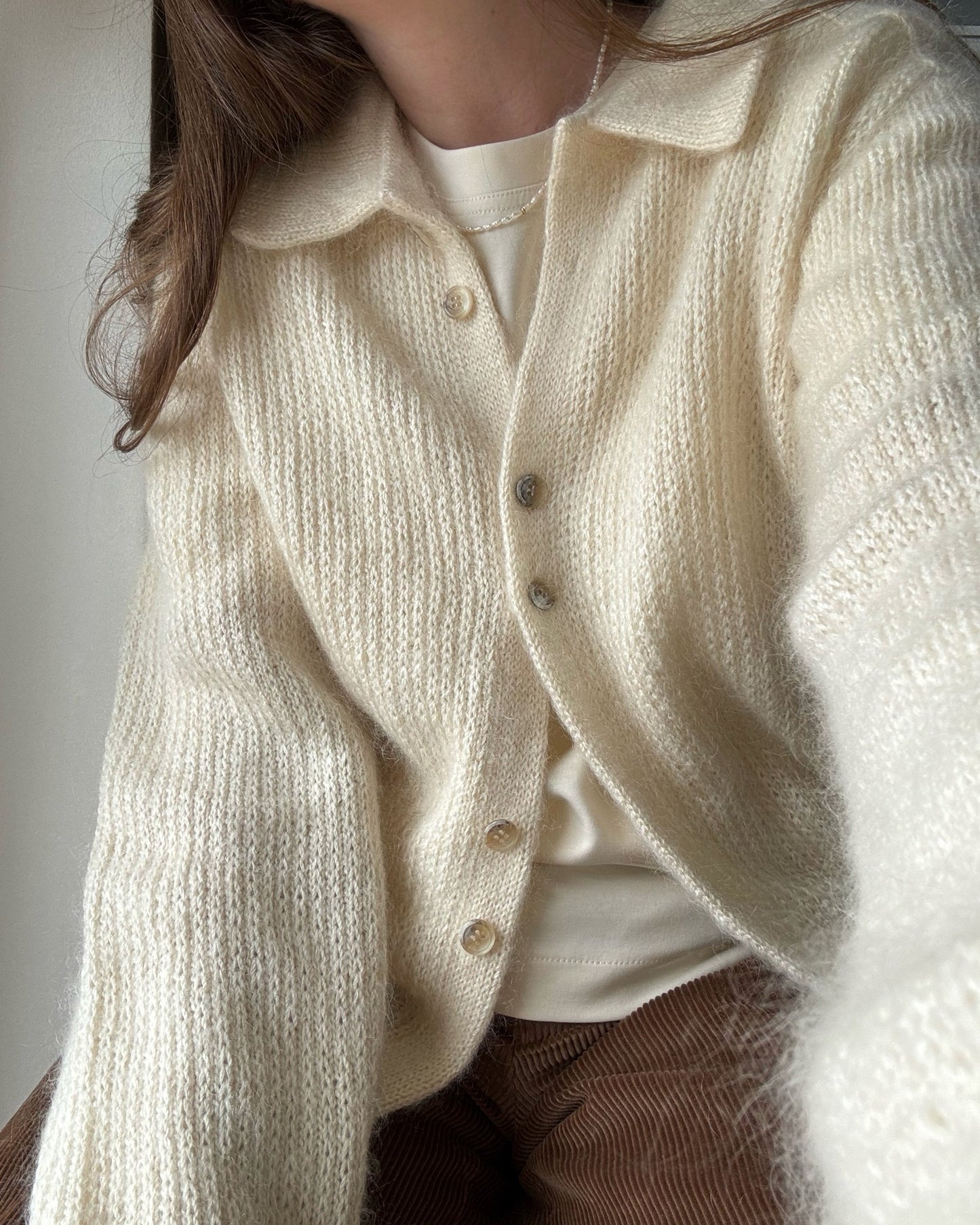 Detail of gauge swatch featuring 26 stitches by 40 rows essential for accurate fit of Chantal Collar Cardigan.