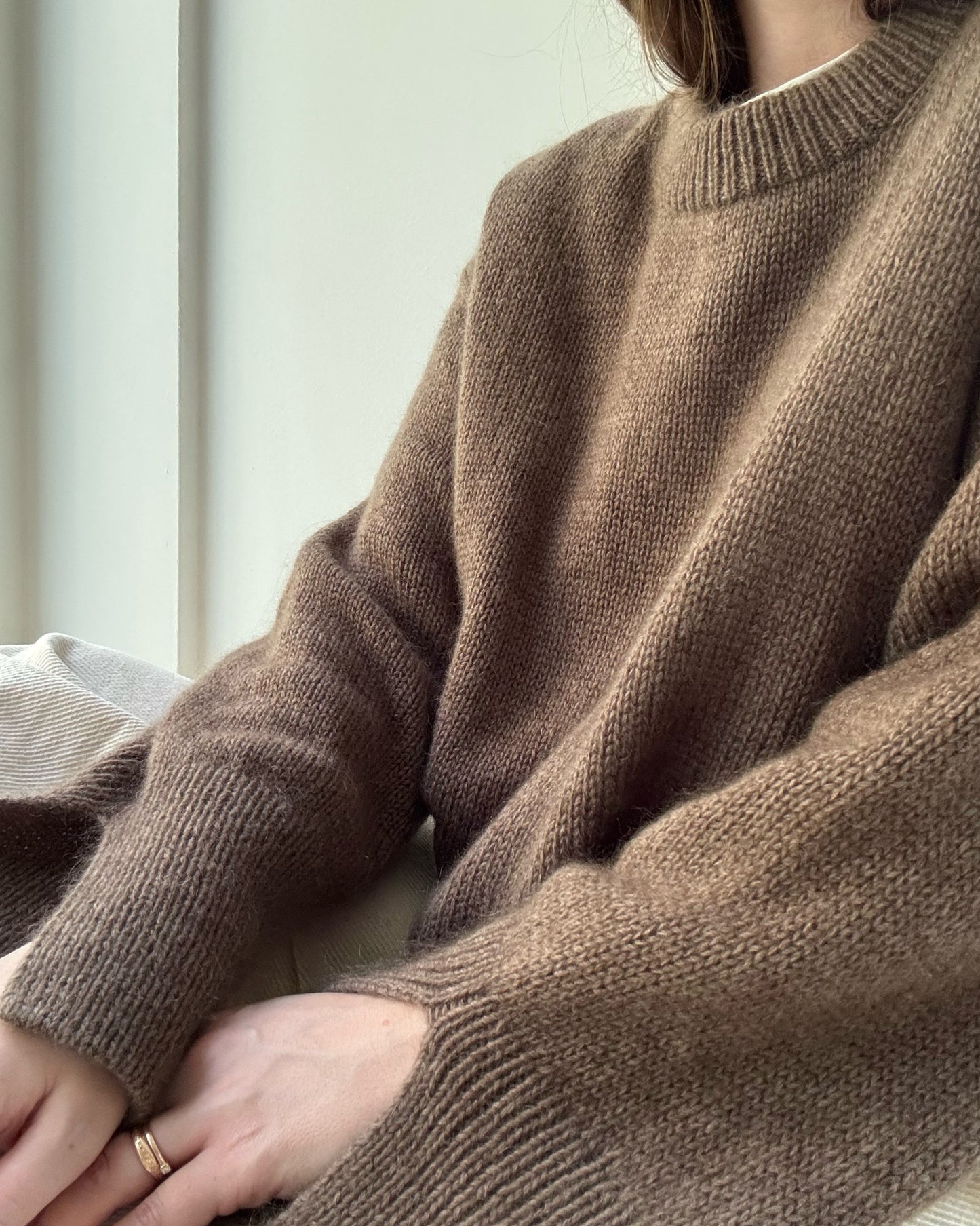 Close detail reveals even 21 x 28 gauge in stockinette stitch for accurate size across the Ciro Sweater.