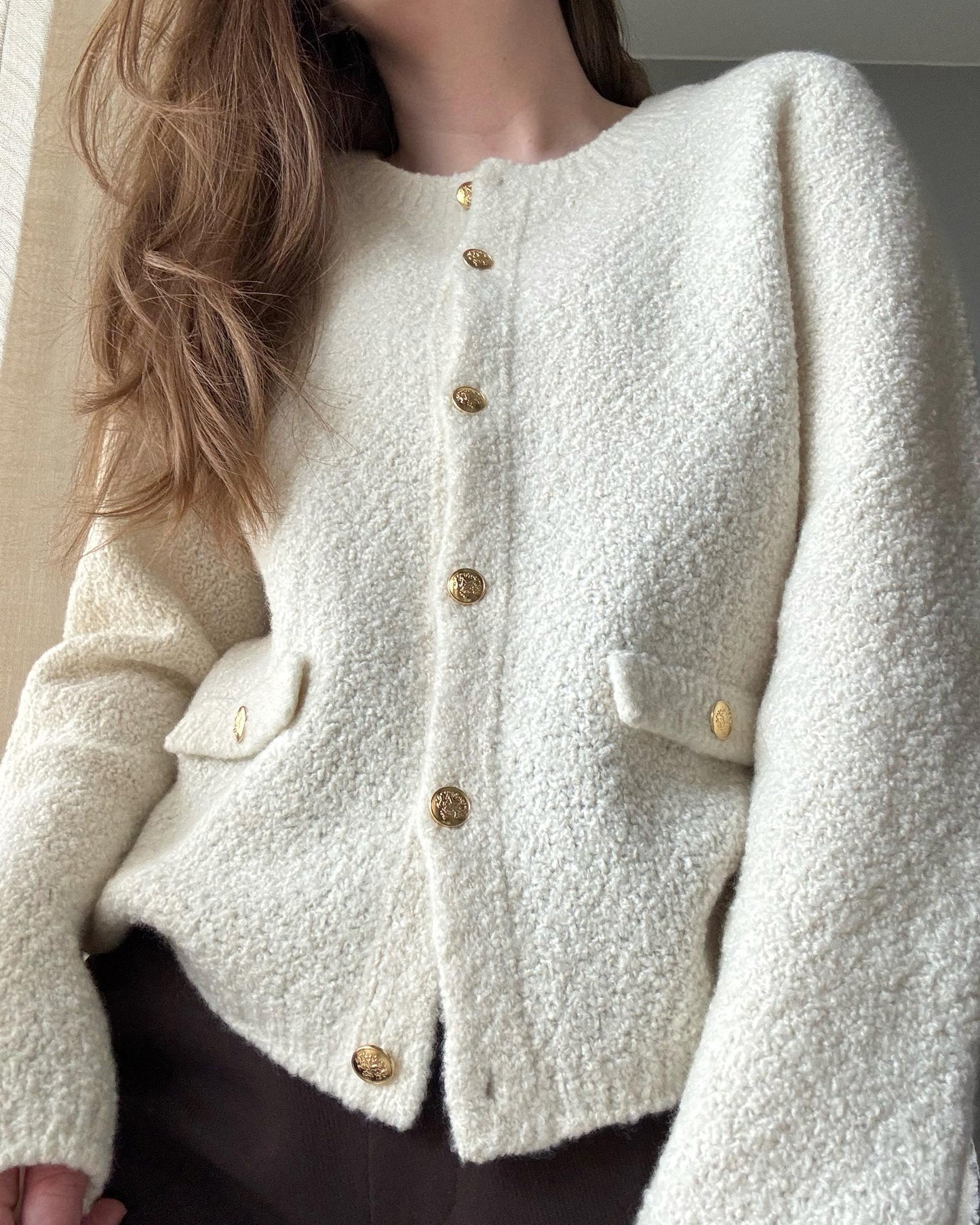 Knitwear tutorial for Manon Jacket with tweed wool yarn construction.