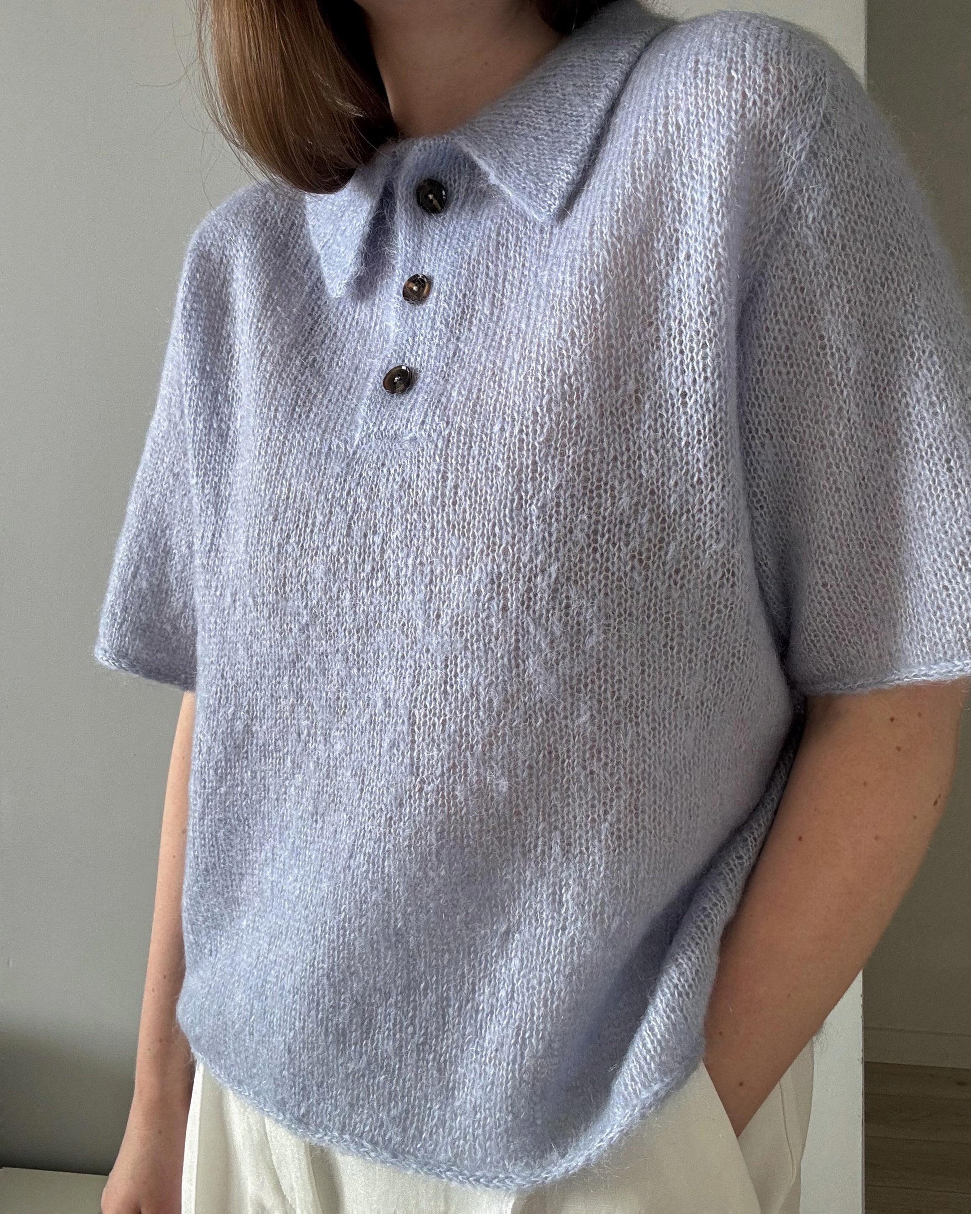 Knit Blueprint for the Maren Tee, showcasing a cute top-down shirt design with button-up features, crafted by morecaknit.