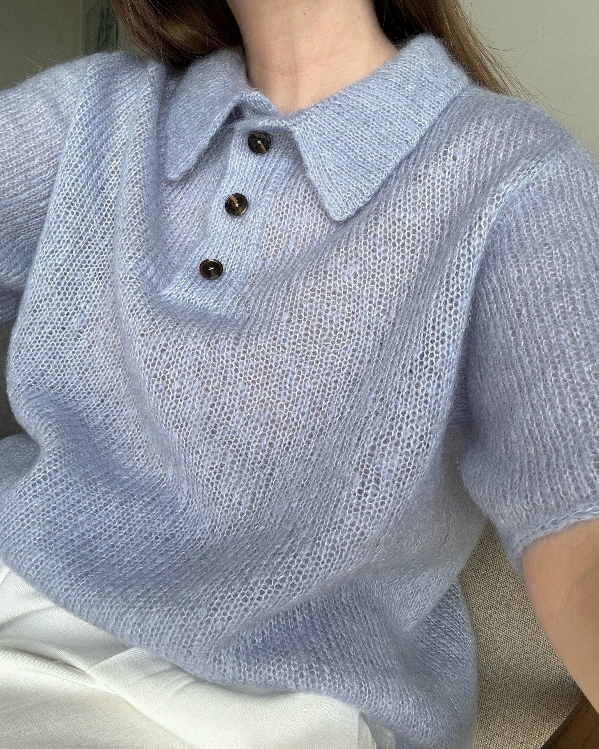 Knit Blueprint for the Maren Tee, showcasing a cute top-down shirt design with button-up features, crafted by morecaknit.