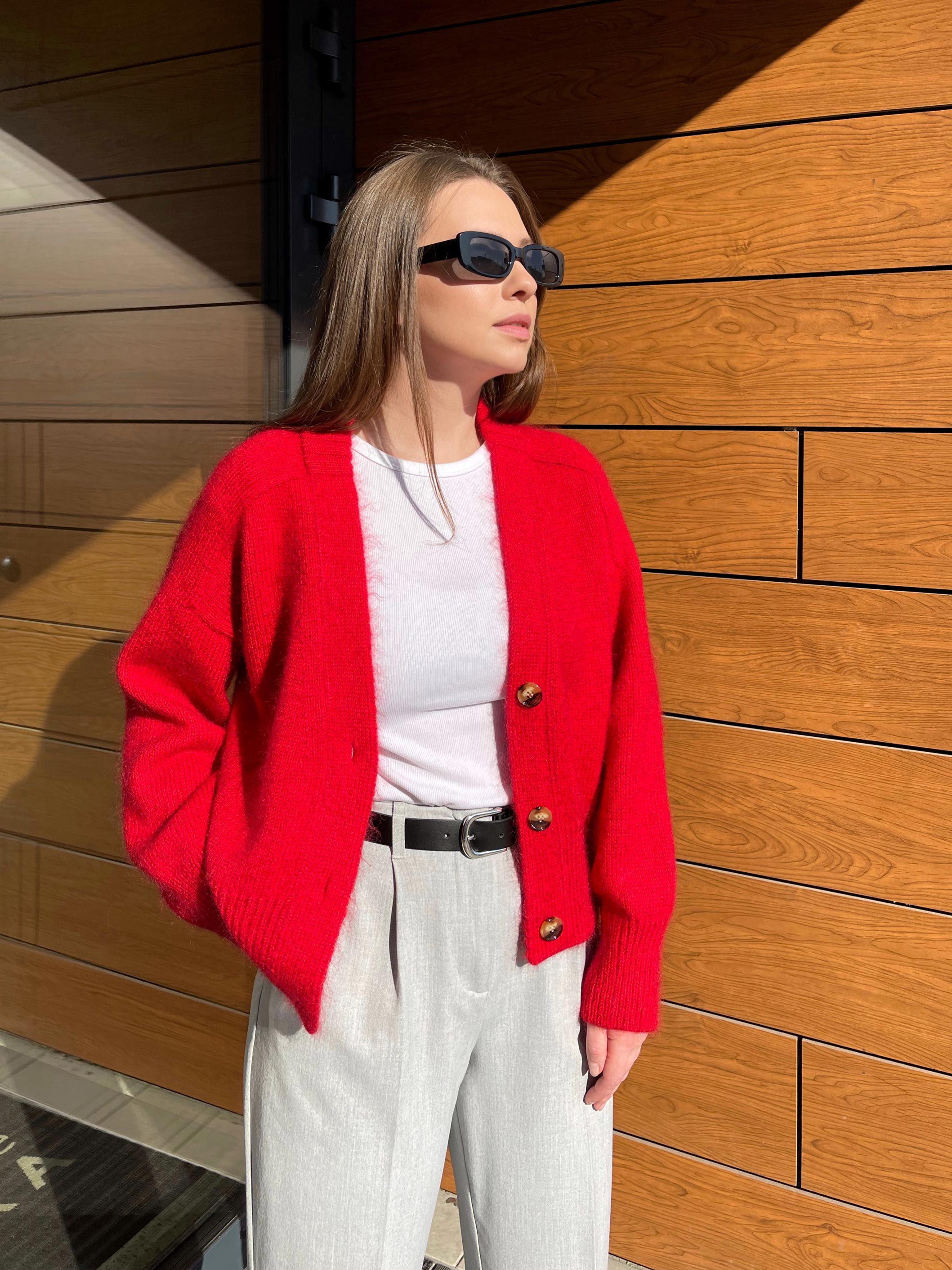 Outfit with 2025 red cardigan