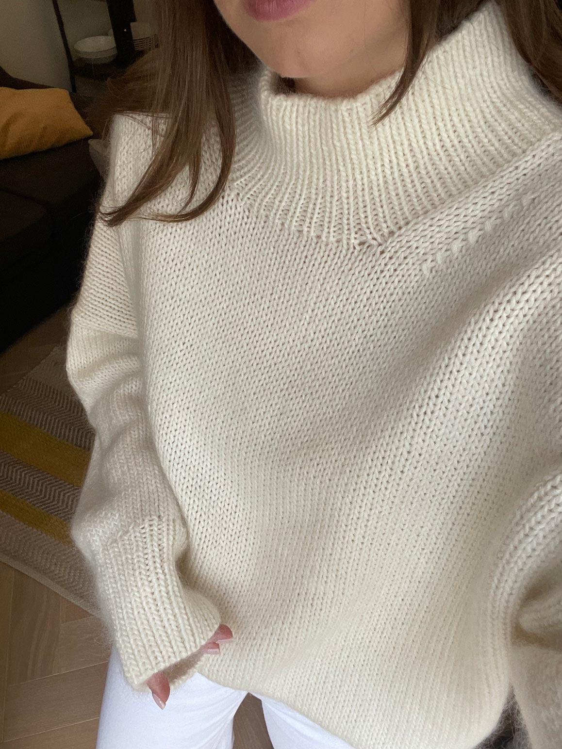Create a warm Ness Sweater with a standing long neck using MorecaKnit's knitting pattern