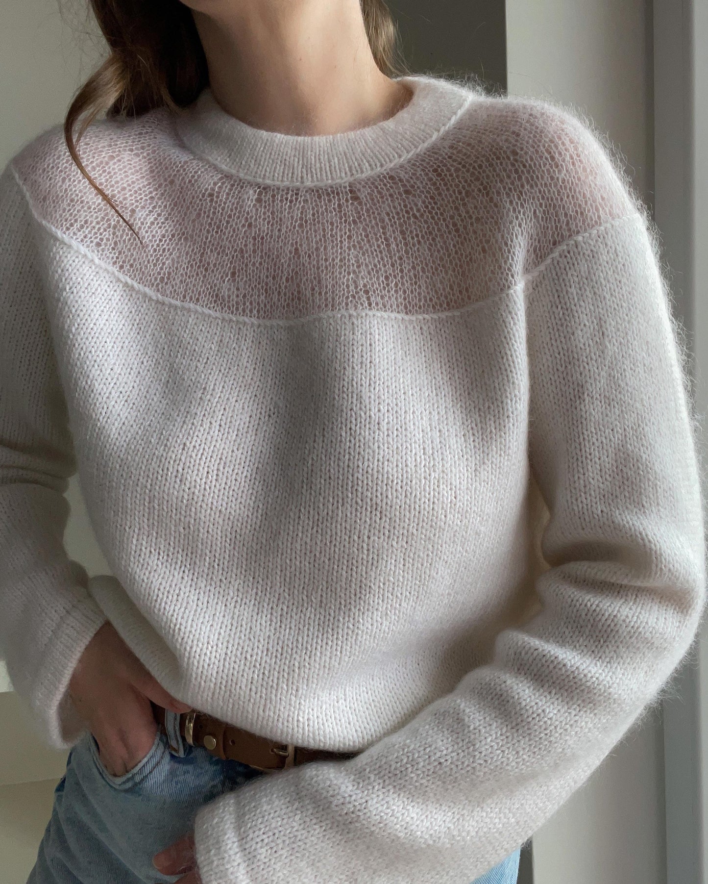 Heaven Blouse, a unique sweater with a transparent yoke knitting pattern from MorecaKnit
