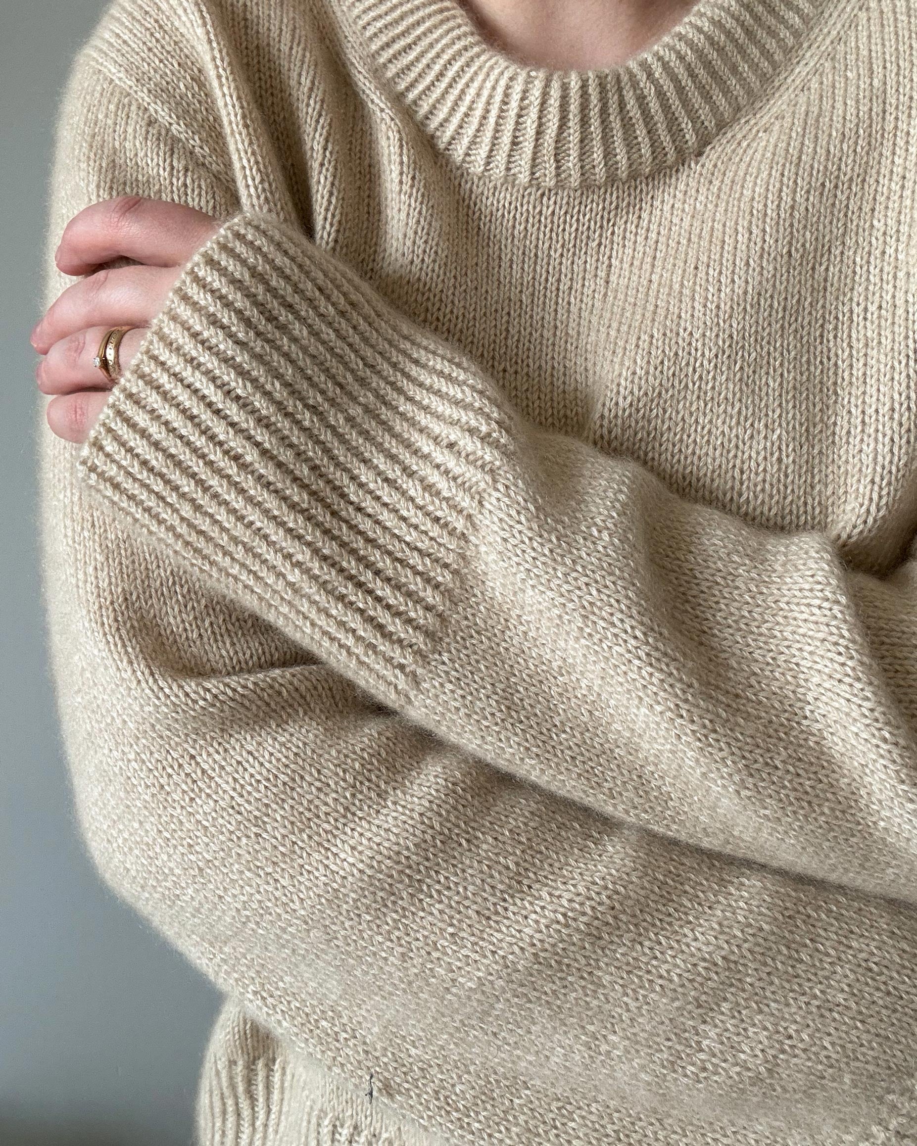 Elegant and soft light beige jumper, Bruno Sweater pattern for ladies, crafted by Morecaknit.