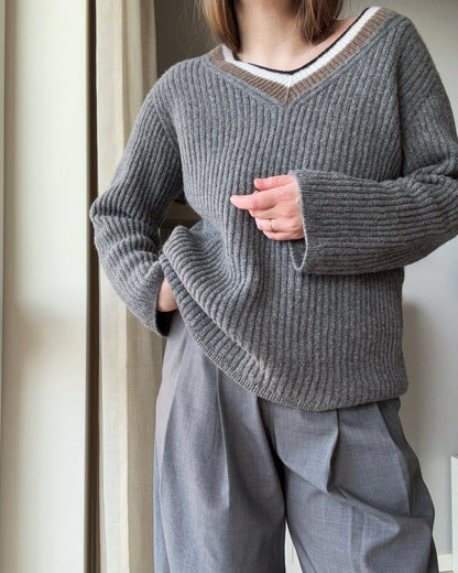 Carlotta Sweater advanced knitting pattern with V-neck design and relaxed fit.