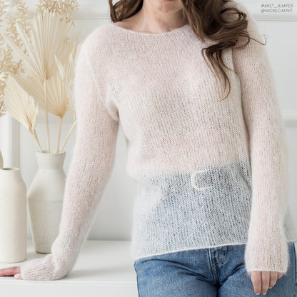 Shop Mist Jumper knitting pdf pattern, using invisible sloped step, sloped bind-off, and German short rows techniques
