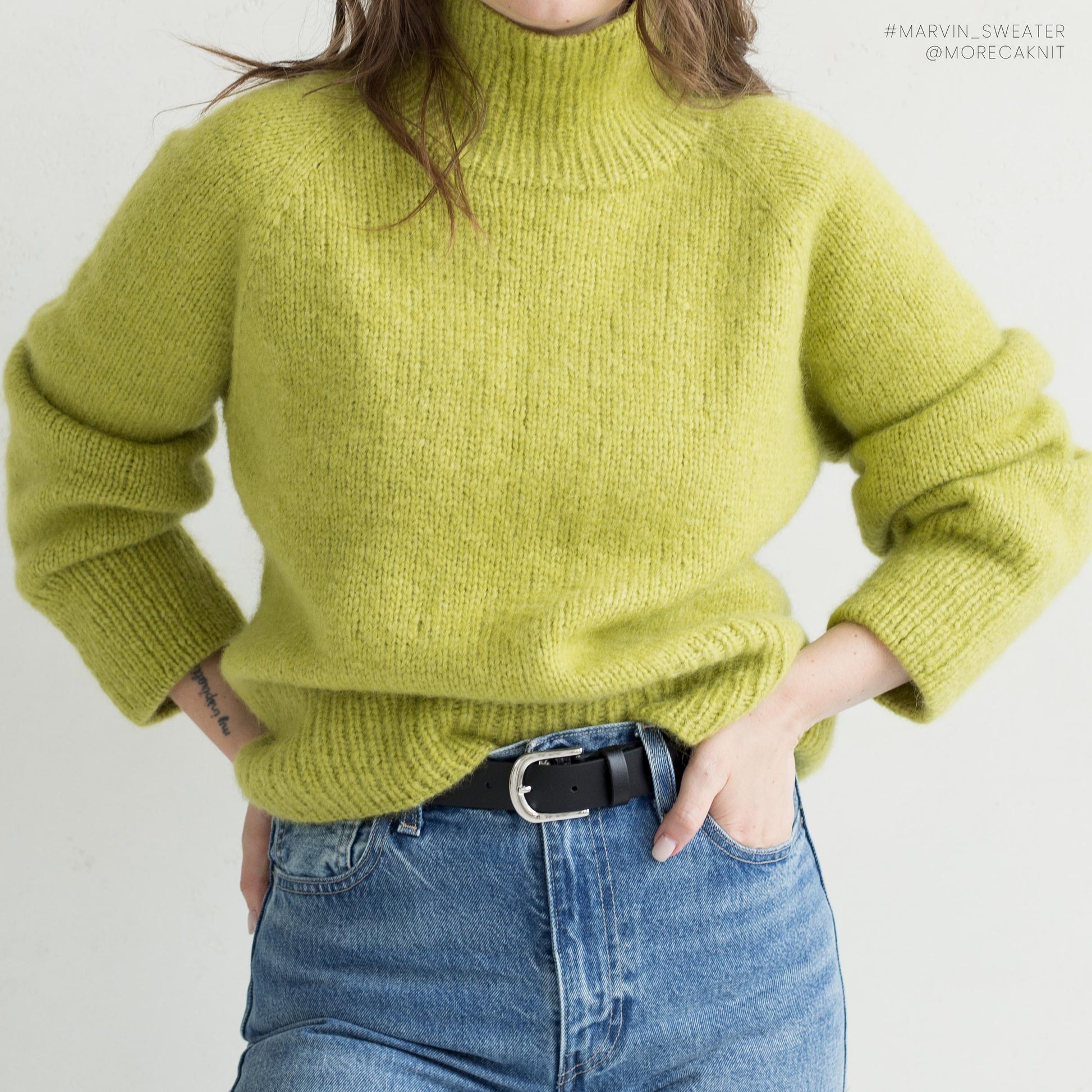 Knit a cozy Marvin Sweater with long ribbing on the sleeves and body with MorecaKnit's pattern