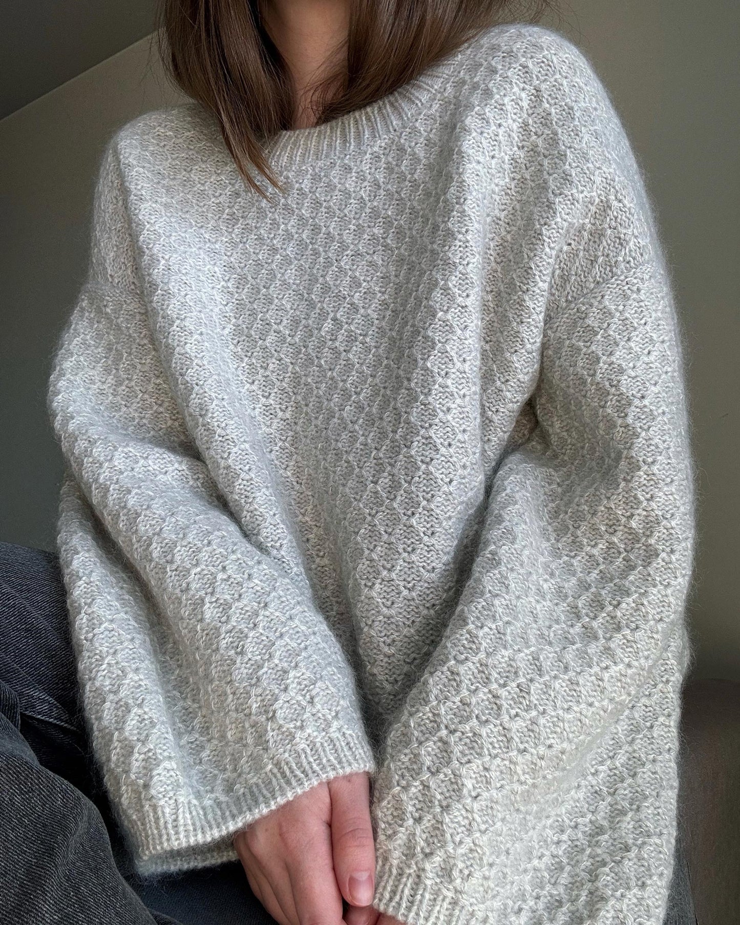 Morecaknit Francesca Sweater pattern with oversized construction and long sleeves.