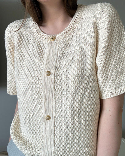 White Manon Cardigan summer knit with short sleeves and crewneck by morecaknit.