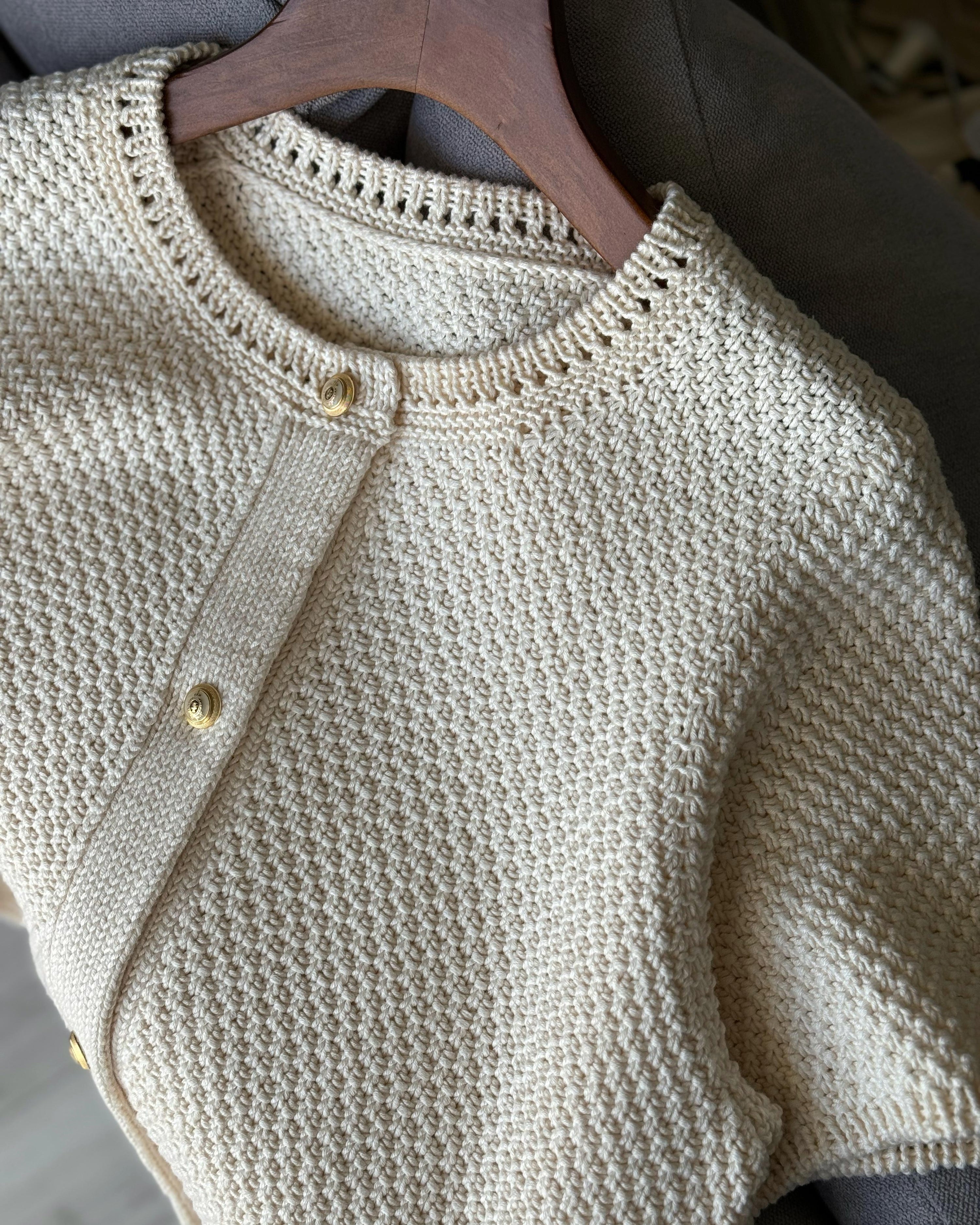 White Manon Cardigan knit guide for contemporary and classic summer knitwear.