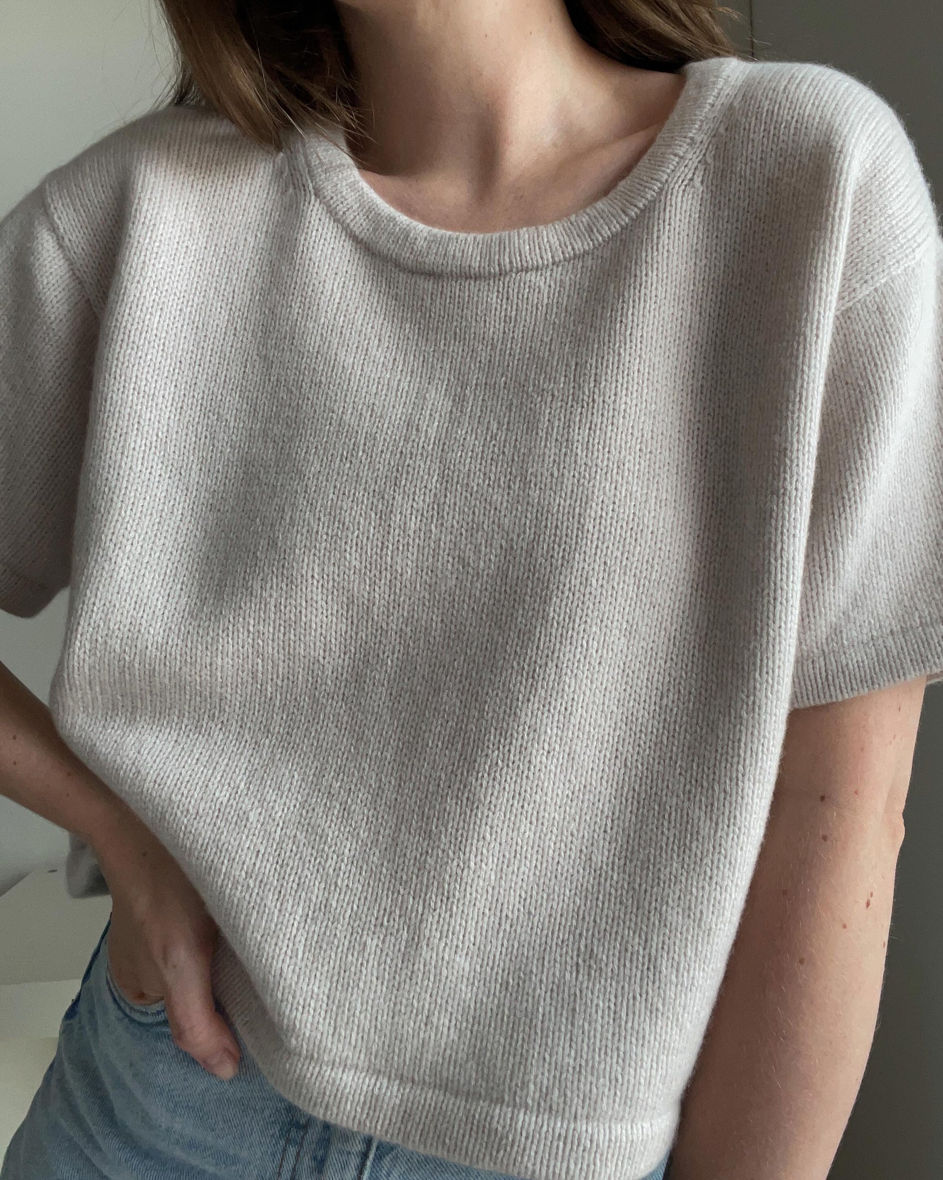 MorecaKnit's T-shirt knitting pattern, featuring a comfortable loose fit design