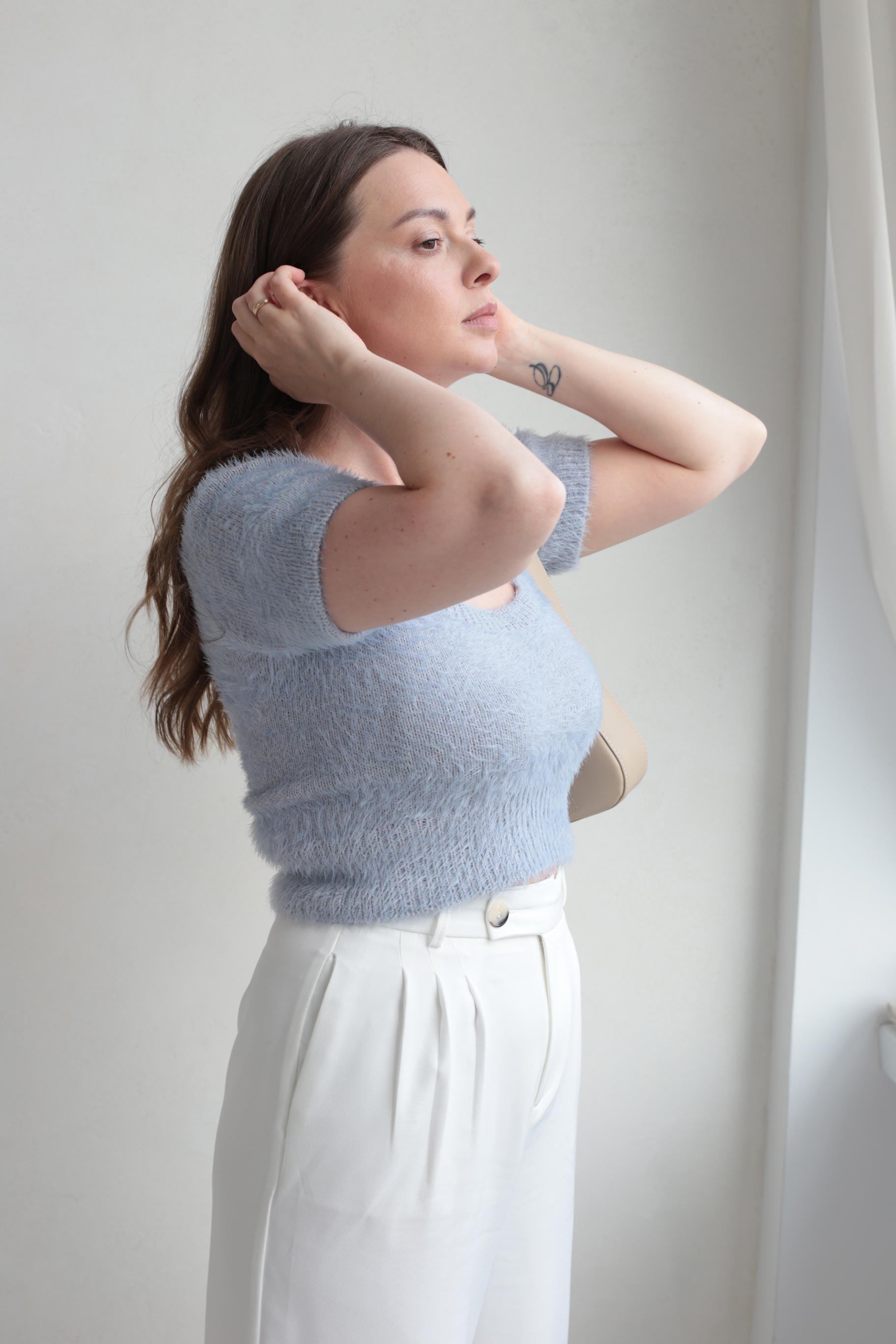 Knit your own fluffy Coy Top Closed using MorecaKnit's pdf pattern
