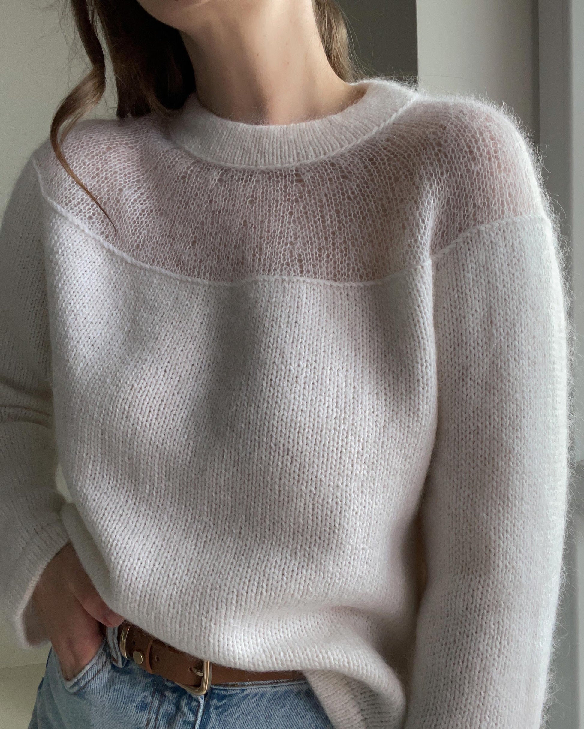 Heaven Blouse knitting pattern by MorecaKnit, a sweater with sheer yoke detail